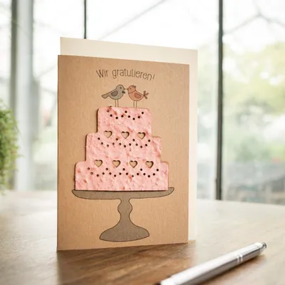 Image de Carte de mariage « Gâteau » en papier ensemencé avec des graines de fleurs