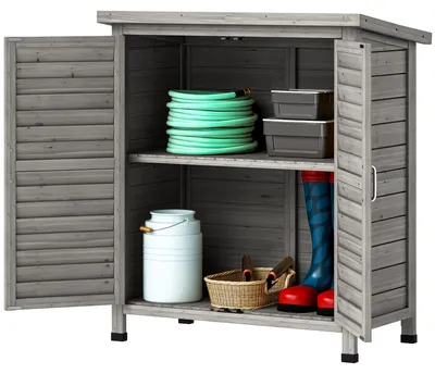 Produktbild von Gartenhaus/Ger?teschuppen mit freistehendem Regal, Lamellentš¹ren, Bitumendach, Tannenholz, 87 x 46,5 x 96,5 cm (L x B x H), grau