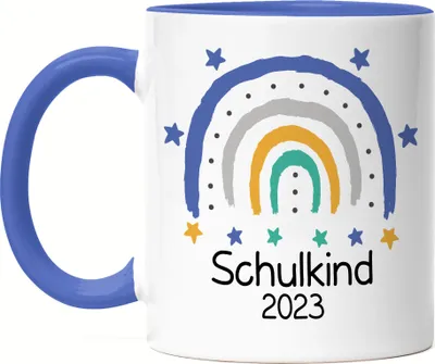 Produktbild von Schulkind 2023 Tasse Blau Einschulungsgeschenk Grundschule 1. Klasse Schulstart Regenbogen Motiv