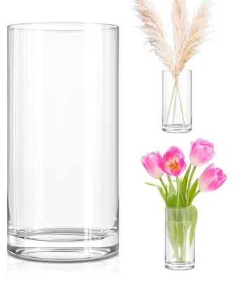 Zdjęcie produktu dla Szklana waza cylindryczna, wysokość 25 cm - przezroczysta - waza na kwiaty - dekoracja - element dekoracyjny do wnętrz - bezpiecznie zapakowana