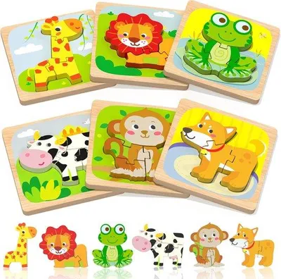 Produktbild von Holz-Puzzelset für Jungen und Mädchen, 6 Montessori-Tiere, 1-3 Jahre, kindgerecht, ein großartiges Geschenk für Kleinkinder.