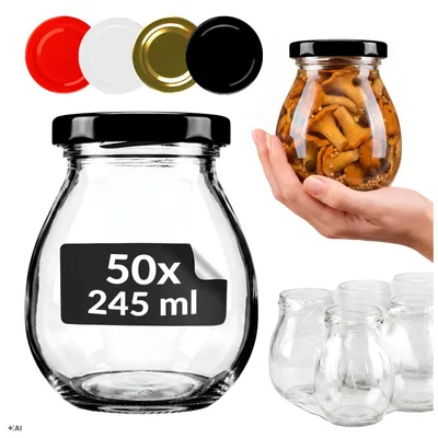 Zdjęcie produktu dla SuperButelki - Zestaw 50x Słoik szklany 245 ml z zakrętkami fi 58 mm, zestaw 0,245 l wieczka, na przetwory, kiszonki, komplet 0,245l słoik + E-BOOK