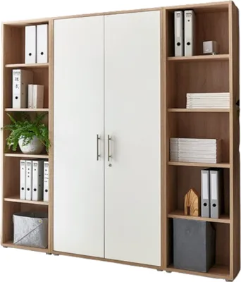 Produktbild von Aktenschrank TABOR 3 in Eiche Sonoma / weiß matt, Schrankwand, Büroschrank, abschließbar, Metallgriffe