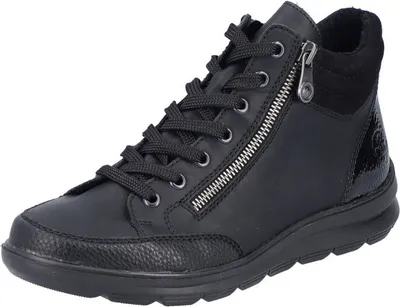 A single black women's boot is shown against a white background.