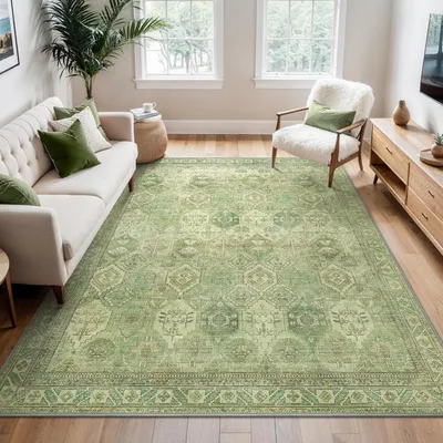Produktbild von Teppich 160x230 cm, bambugrün, Vintage Boho Stil, rutschfest, waschbar, für Wohnzimmer