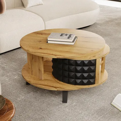 Image de MODFU Table Basse - Table Design avec Espace de Rangement Intégré et Tiroir Latéral - Structure MDF - Naturel - 85x80x45 cm
