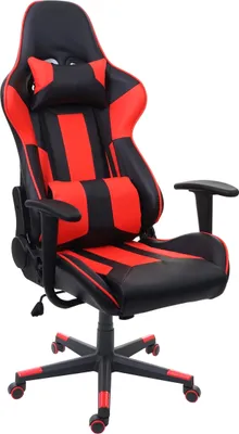 A red and black gaming chair is shown against a white background.