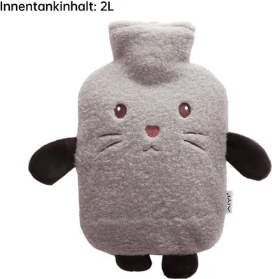 Produktbild von Wärmflasche mit Bezug, Langzeitwärme Handwärmer PVC Karikatur Wärmflasche Bettflasche für Erwachsene Kinder, Grau Katze, 2L