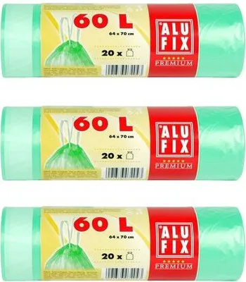 Produktbild von 60x ALUFIX Müllsäcke Müllbeutel mit Zugband 60L HDPE 64x70 cm grün