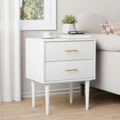 Image de Table de nuit blanche avec 2 tiroirs, pieds en bois, beaucoup d'espace de rangement, moderne, pour chambre à coucher, 1 pièce, blanc