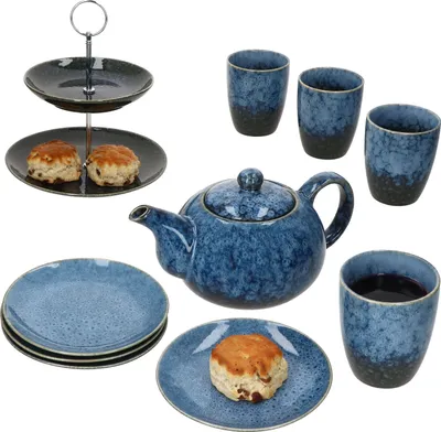 Produktbild von 10tlg Teeset Scones Blau Etagere Kanne Becher Teller Teeservice Geschenk