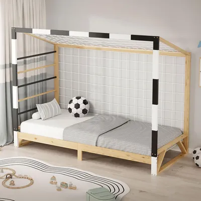 Kinderbett Fußballtor 90x200 cm aus Kiefernholz mit Lattenrost und Netz
