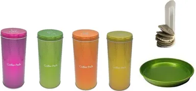 Produktbild von Kaffee Pad Behälter 4-er Set Neon Pink/Grün/Orange/Gold + 1 Tablett grün + 4 Padhalter