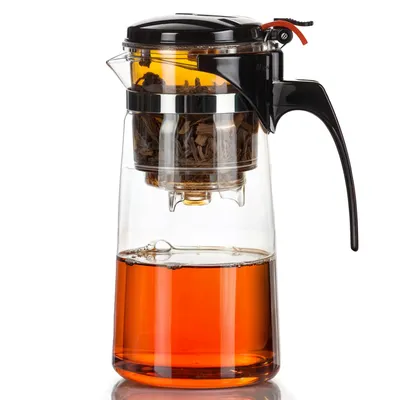 Produktbild von Dimono Profi Teezubereiter aus hitzebeständigem Glas mit Knopfdruck-Mechanik, Teekanne mit integriertem Sieb, 400ml Volumen für losen Tee