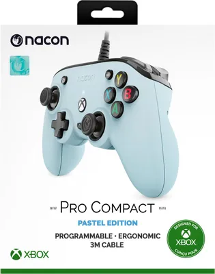 The image shows the packaging of a light blue Nacon Pro Compact Pastel Edition Xbox controller.