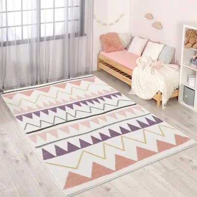 Produktbild von Kinderteppich - ZickZack-Motiv 160x230 cm Creme Rosa - Kinderzimmer Teppich Modern Mädchen