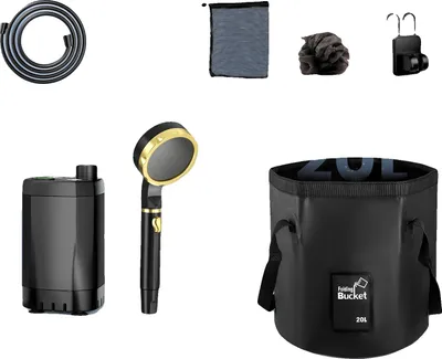 Obrázok produktu pre Kempingová sprcha, dobíjateľná pumpa, 20 l skladací vedro, čierna