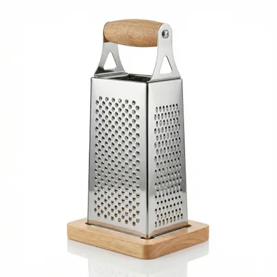 Produktbild von Arendo Vierkantreibe Edelstahl, 4-seitiger Gemüsehobel, Küchenreibe, 4 Reibeflächen grob/fein/Hobel/Zesten, Kartoffelreibe, Grater, Gemüsereibe, Echtholzbasis und Holzgriff, rutschfest
