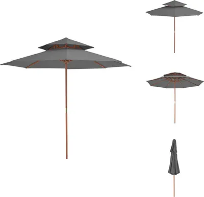 A collage of images showing a gray patio umbrella with a wooden pole, in different views.