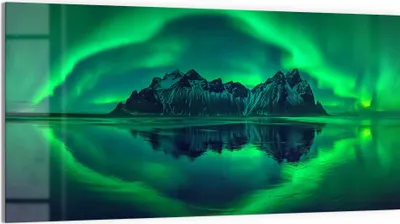 Produktbild von DEQORI Glasbild Echtglas 100x50 cm 'Vestrahorn im Polarlicht' Wandbild Bild modern Deko