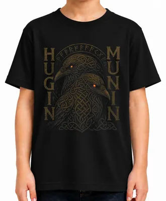 Immagine prodotto di Maglietta per bambini, nera, con la scritta "Nordische Raben Hugin Munin Wikinger Mythologie" e l'immagine di Huginn e Muninn. Taglia: 140