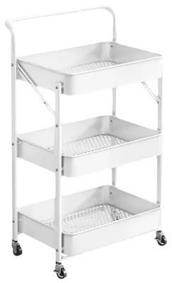 Produktbild von Rollwagen Küchenregal - 3-stöckiger klappbarer Metallwagen - Mit Rädern - Aufbewahrungsregal - 45×30×88 cm - Weiß