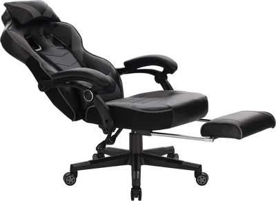 Image de Happyment Chaise de jeu hybride - Réglable en hauteur - Avec repose-pieds - Chaise de bureau ergonomique - Similicuir - Noir