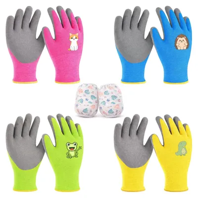 Immagine prodotto di Guanti da giardinaggio per bambini, confezione da 4 paia, taglia 8-10 anni, colorati, per l'uso in giardino