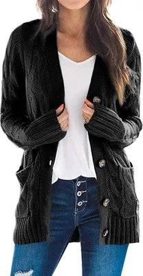 Produktbild von ASKSA Damen Strickjacke Strickpulli Langarm mit Taschen Knopf Pullover Casual Einfarbig Strickmantel, Schwarz, S