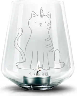 Produktbild von Mr. & Mrs. Panda Laterne Einhorn Katze - Transparent - Geschenk, Glas Teelichthalter, Regenbogen, Glitzer, Unicorn, Mieze, Deko Windlicht, mit gravur