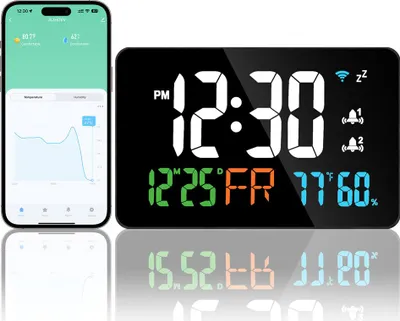 Image de Horloge de table Tuya avec connexion WLAN, intégrant un calendrier, un thermomètre et un hygromètre, un affichage LED numérique, une calibration WLAN automatique et un réglage de luminosité en 4 niveaux