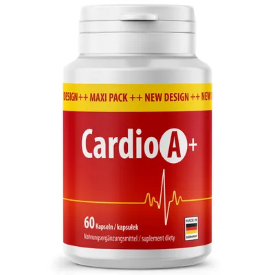 Produktbild von Cardio A+ Nahrungsergänzungsmittel mit Vitaminen, Hagebuttenpulver, Brennnesselblattpulver und Baldrianwurzelextrakt