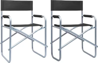 Two black director's chairs with silver frames are shown side-by-side against a white background.