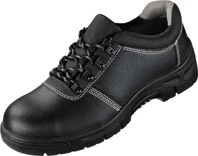 A black work shoe is shown against a white background.