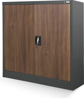 Produktbild von Kleiner Aktenschrank C001B Büroschrank mit Flügeltüren Metallschrank Lagerschrank Pulverbeschichtet Stahlblech Abschließbar 92,5 cm x 90 cm x 40 cm (H x B x T) Farbe: Anthrazit-Holzoptik