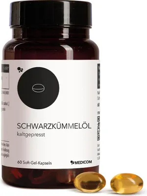 Produktbild von Medicom Schwarzkümmelöl mit 1.000 mg Schwarzkümmelöl, 60 Kapseln, für die Allergiezeit