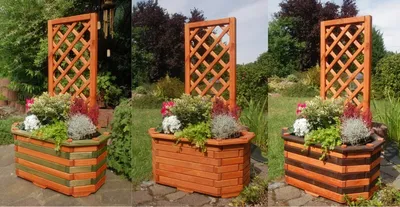 Produktbild von Pflanzkasten, Blumenkasten, Blumenkübel aus massivem Holz mit schön gearbeiteter Pergola, für den Garten, Farbe:Braun