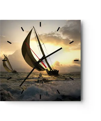 Produktbild von Wanduhr - Quadrat - Glasuhr - Schiff Sonnenuntergang Sonne Landschaft - 40x40cm - Schleichendes Uhrwerk - Lautlos - zum Aufhängen bereit - Dekoration Modern - Wanddekoration aus Glas - C3AC40x40-3158