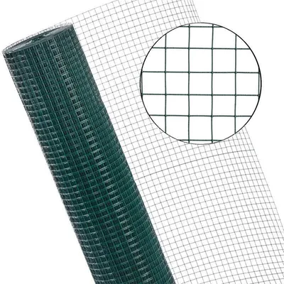 A roll of green wire mesh fencing is shown, with a close-up inset of the mesh pattern.