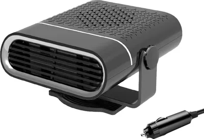 A black car heater with a silver trim and a car charger plug.