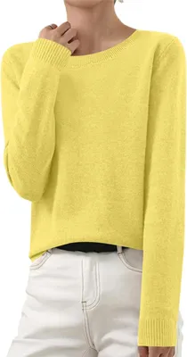 Produktbild von ASKSA Damen Strickpullover Elegant Einfarbig Strickpulli Duenne Feinstrick Winterpullover Stretch Warm Wollpullover Basic Rundhals Pulli,Gelb,S