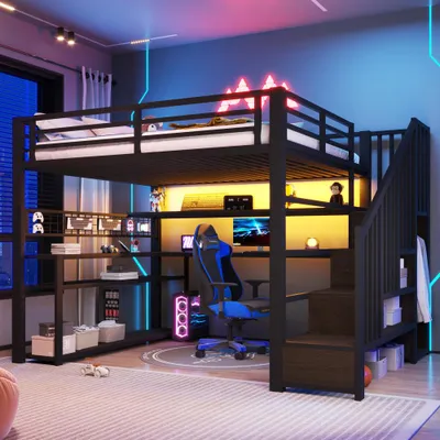 Produktbild von Gaming Hochbett Metall mit LED, Kleiderschrank & Schreibtisch, Stauraum & Lochplatte, Schwarz,  140x200 cm