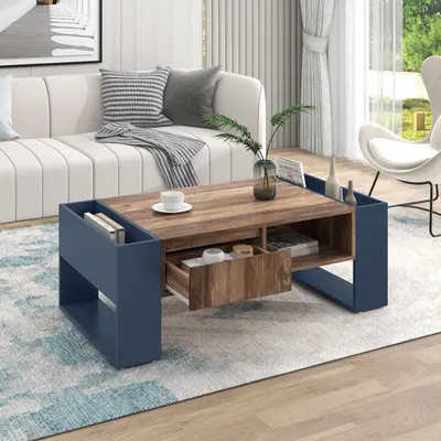 Image de MODFU Table Basse Design Contemporain avec Tiroir - Structure en MDF - Noir et Bois - 111x60x40 cm