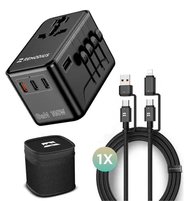 Produktbild von Remodius Weltstecker PRO + UniCharge – Universal Reiseadapter 100W GaN mit 4-in-1 Ladekabel, 220+ Länder