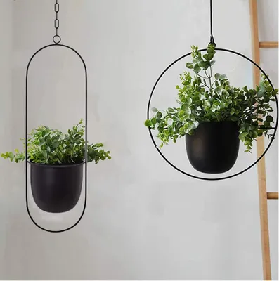 Image de Pot de fleurs noir en métal suspendu au plafond pour plantes succulentes - pot de fleurs décoratif décoration murale (ovale)