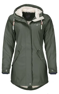 Produktbild von Dry Fashion Damen Regenmantel Malmö - Frauen Regenjacke Jacke mit Kapuze Lang Winddicht Wasserdicht Gefüttert mit Teddyfleece in Oliv Größe 42