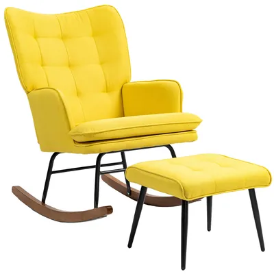 Produktbild von HOMCOM Schaukelstuhl Schwingsessel mit Hocker Relaxsessel mit Leinenoptik
