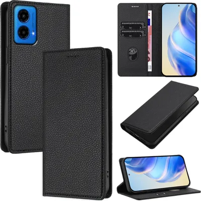 Produktbild von Litchi Leder Handyhülle für Motorola Moto G45 / G34 Wallet Kartenfächer Standfunktion Hülle Schwarz