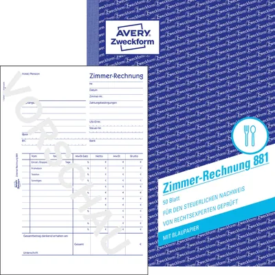 Produktbild von Avery Zweckform 881, Zimmerrechnung, A5, mit Blaupapier, 50 Blatt