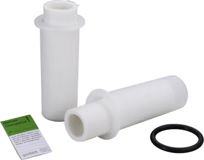 Two white filter cartridges and a black O-ring are displayed on a white background, along with a small green informational card.